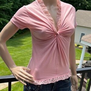 TMH Pale pink twisted knot & lace detailed stretch T-shirt